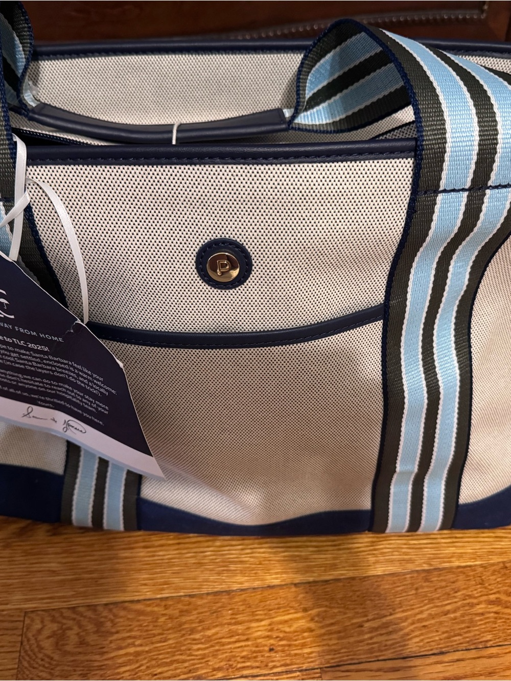 NWT Parcel Medium Cabana Tote - Canvas Bag with Blue Striped Handles - Navy Trim